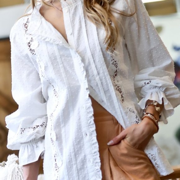 New Boho White Lace Long Sleeve Blouse Top - Picture 1 of 7